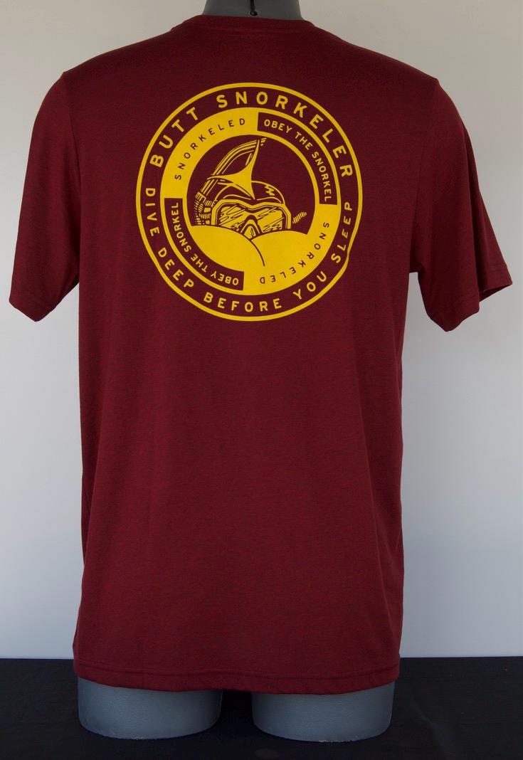 Burgundy Tee Dive Deep Logo from Buttsnorkeler.