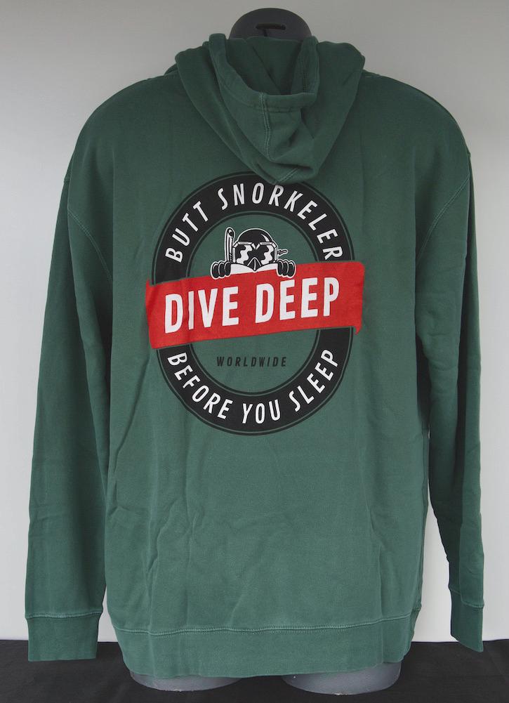 Green Hoodie Dive Deep Logo - By Buttsnorkeler. view 2