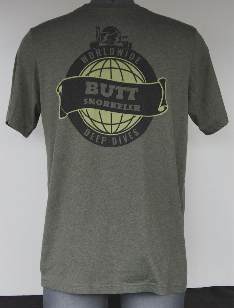 Hesian Green - Worldwide Dive Deep Logo from Buttsnorkeler. view 2